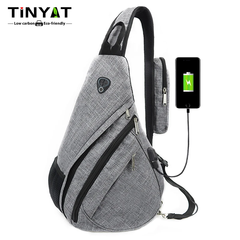 

TINYAT Men's Chest Bag with Multiple Pocket Design and Built in USB Interface Polyester Sports Bag Crossbody Bag for Daily Use