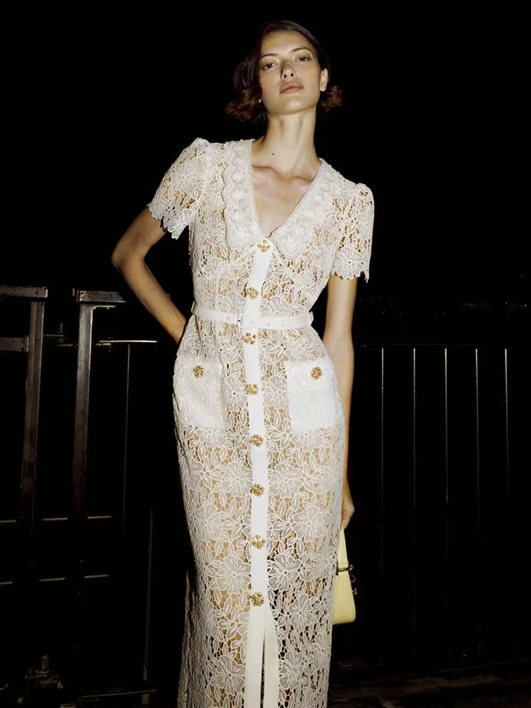 

Роскошные кружевные платья на бедрах Весенние женские однобортные длинные платья с вырезами Новое летнее тонкое платье до колена с высокой талией