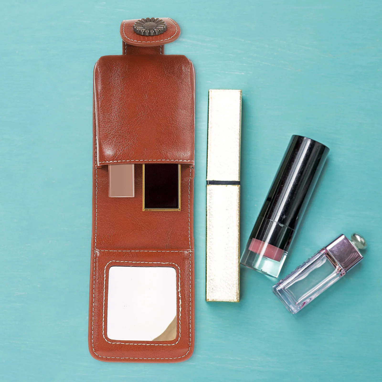 

Mini Lipstick Makeup Bag Compact Red PU Holder Mirror Purse Travel Small Case Portable Cosmetics Brush Storage