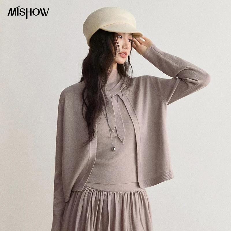 MISHOW Ensemble 2 pièces pour femme, cardigan en maille à col noué en mélange de laine et débardeur sans manches, vêtements polyvalents automne-hiver 2026 MXF49T3391