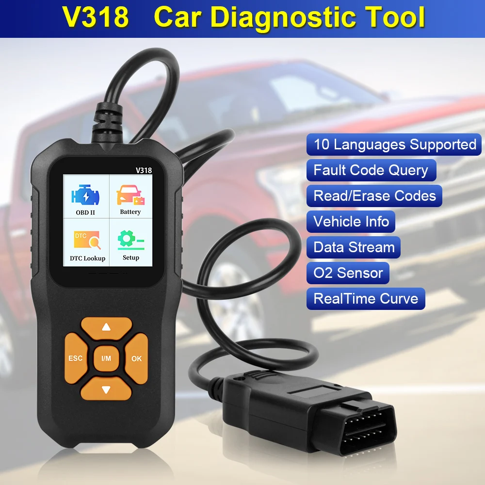 차량 정보 차량 진단 도구, 코드 리더 V318, OBD2 스캐너, 배터리 테스터, 엔진 시스템 점검, 다국어 