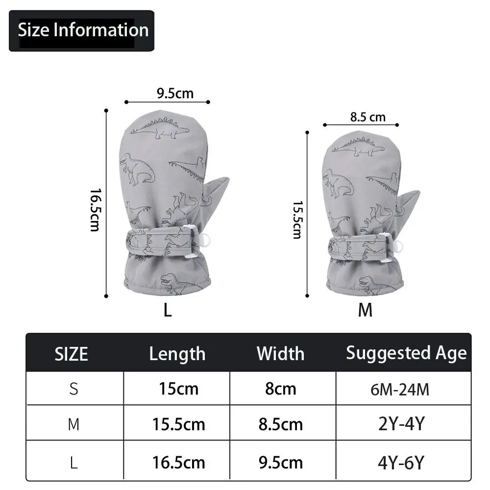 Waterproof Windproof Skiing Snow Gloves For Kids Toddler Cartoon Dinosaur Print Thickened Fleece Warm Winter Baby Gloves