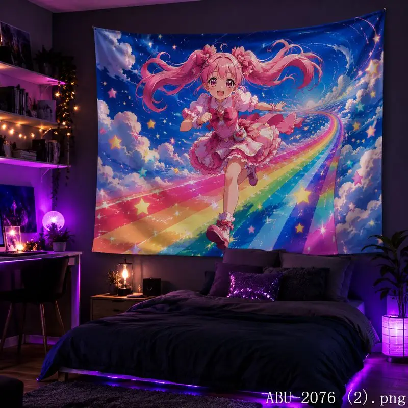 VIKAMA Pastel Rainbow Anime Girl Tapestry, Pink Floral Sky Aesthetic Wall Hanging, Decor for Teen Dorm Bedroom Otaku