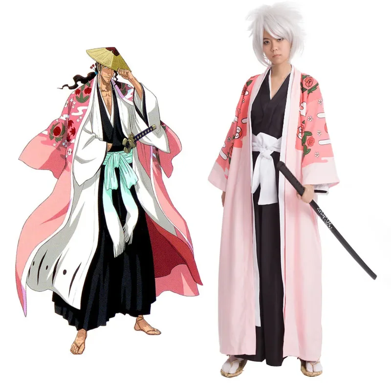 Capa de capitán Kyouraku Shunsui de la 8. a División, capa rosa Unisex, Kimono Shinigami Kurosaki Ichigo, pantalones superiores negros