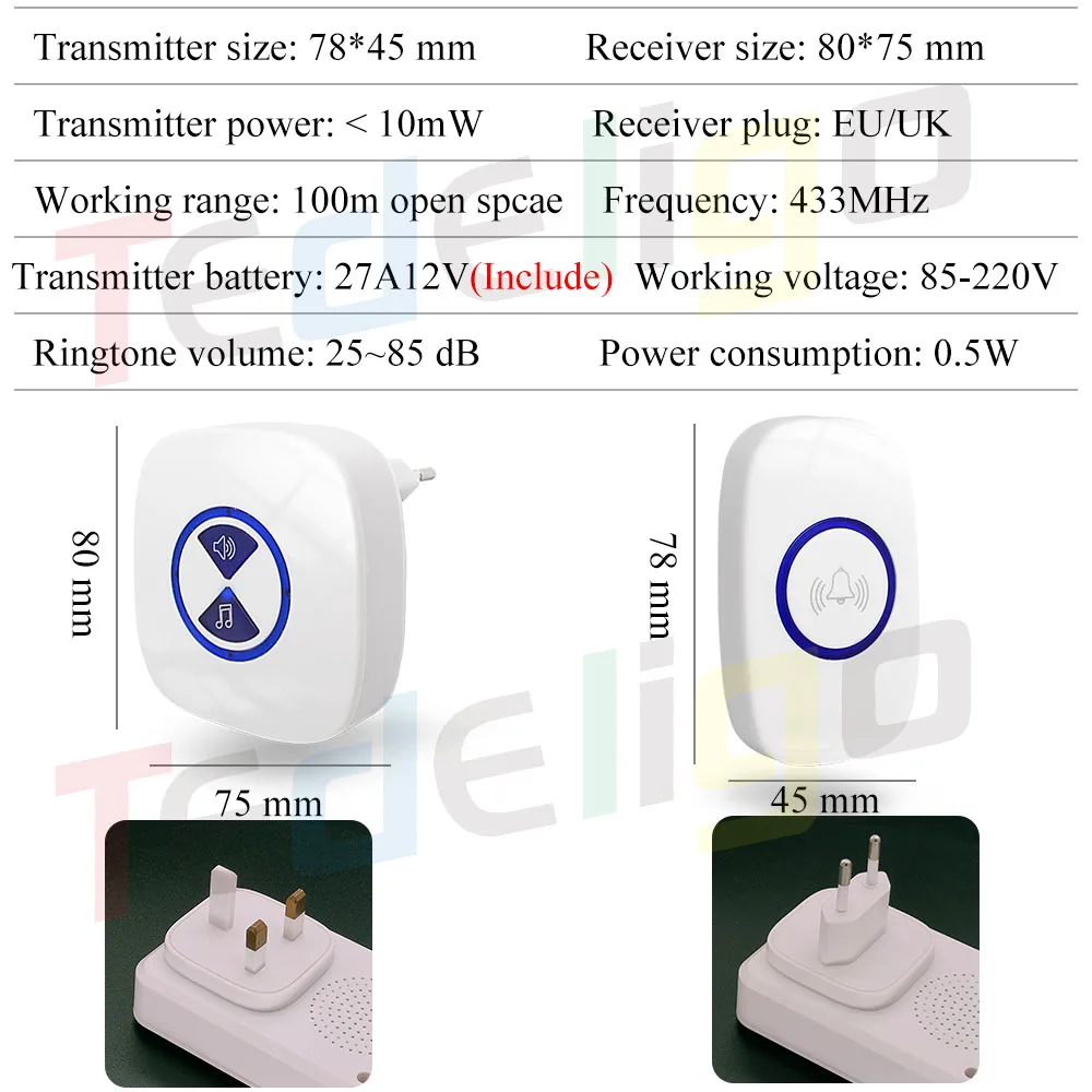 110V 220V Wireless Doorbell Set Outdoor Waterproof Transmitter Receiver Door Chimes,Smart Bell Remote Control 100m Range UK EU