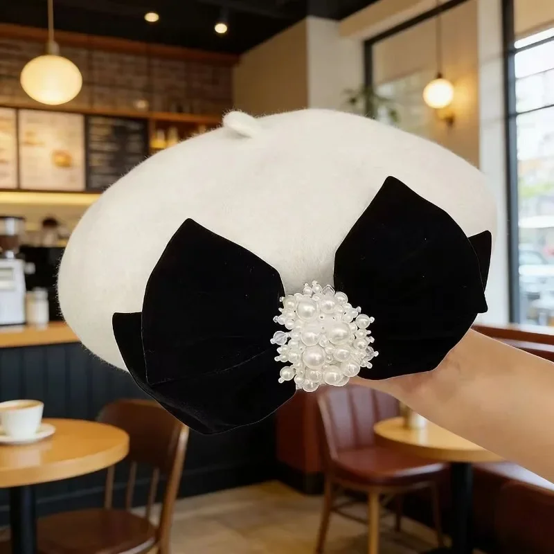 Bow Knot Beret Wool Pearl Large Size Flat Top Painter Hat Chinese Style Women EU US