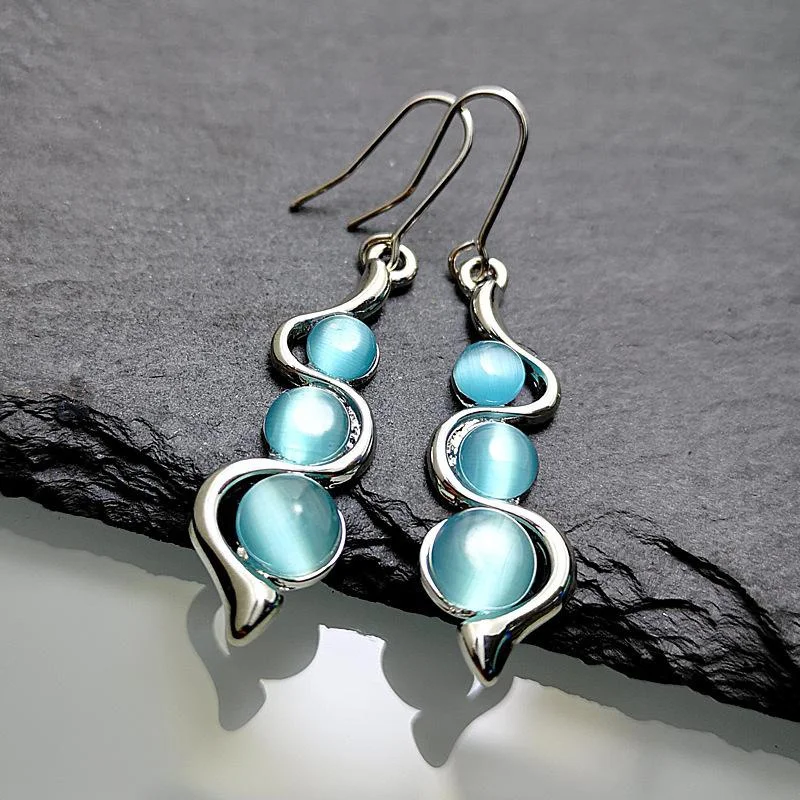 

Blue Moonstone Drop Earrings Blue Earrings for Women Boho Curve Wavy Earrings Bride Wedding Engagement Anniversary Gift Jewelry