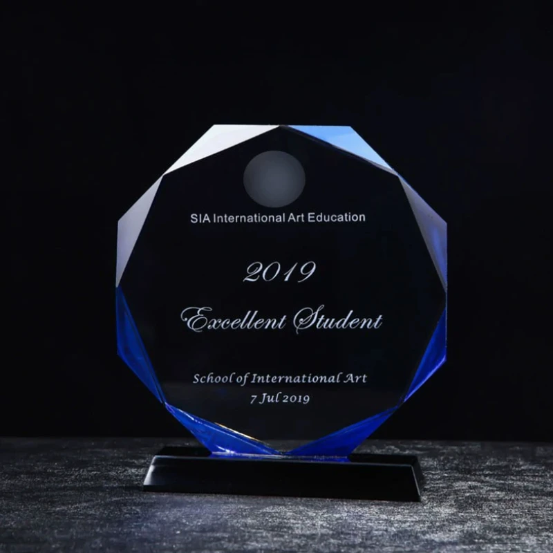 1PCS Free Customized Creative Blue Edge Crystal Trophy Outstanding Employee Annual Meeting Award, Commemorative High-end Medal