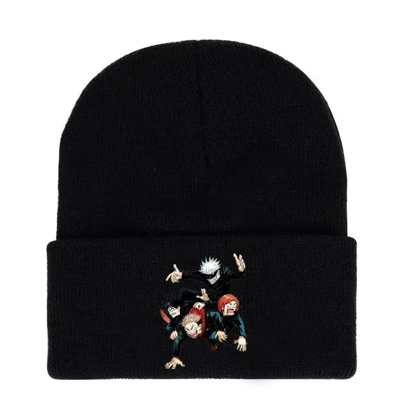 Anime Jujutsu Kaisen Figures Knitted Hat Cartoon Satoru Gojo Winter Warm Beanie Outdoor Activities Y2K Hip Hop Gothic Cycling