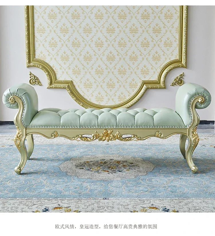 

A38 European first-layer cowhide bedside stool solid wood carving flower shoe changing stool champagne gold luxury princess chai