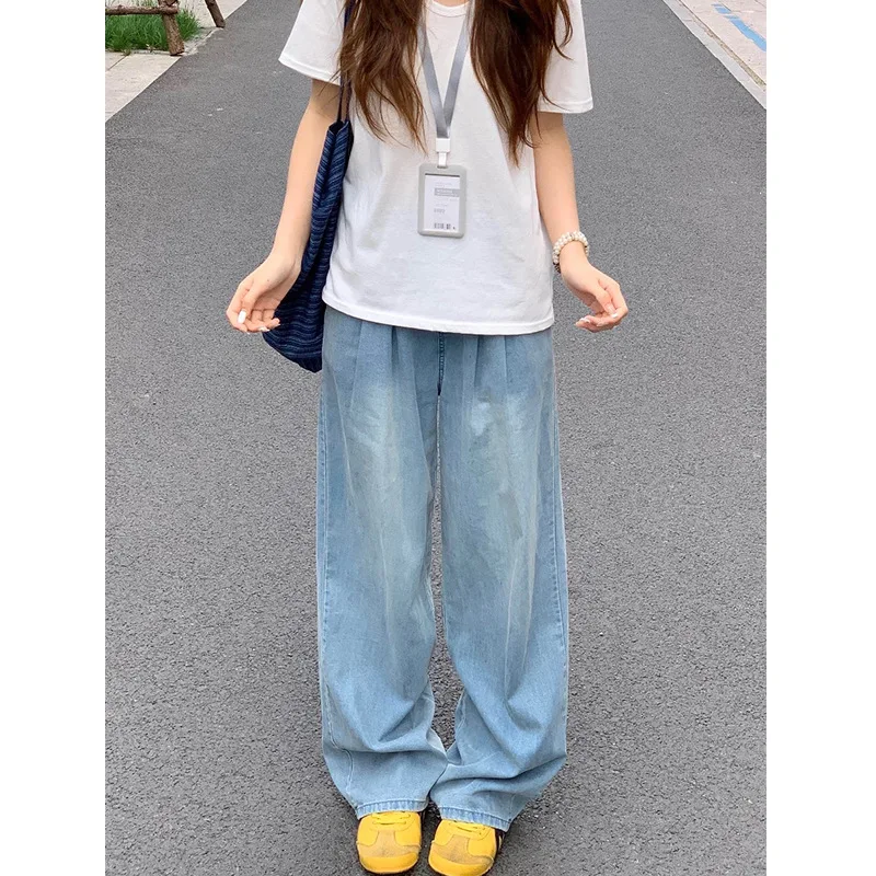 Wide Jeans Trousers For Woman Straight Blue Casual Retro 2000S American Distressed Hole Ripped Female Clothing Unisex Basic