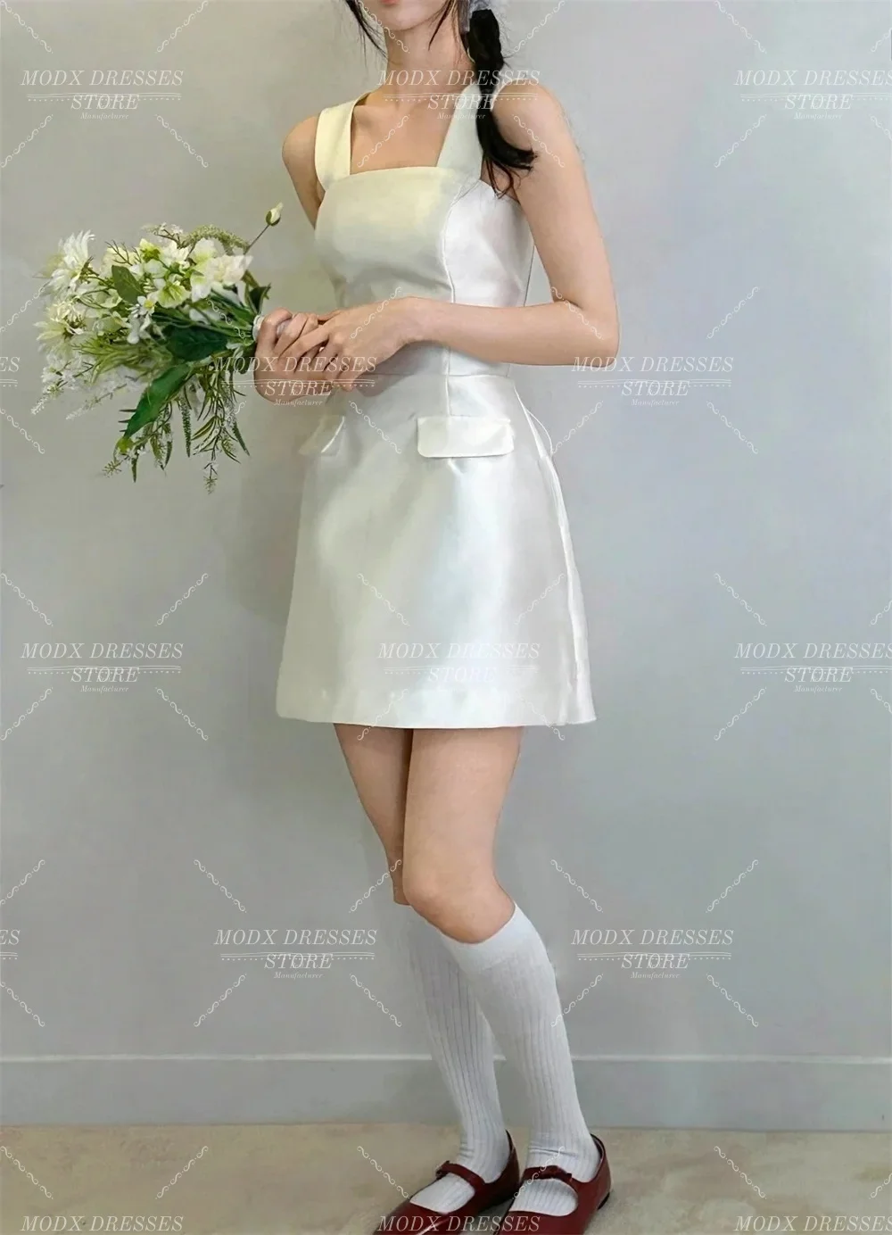MODX Korean Mini Wedding Dresses Flap Pockets Off the Shoulder Satin Corset Wedding Snap Dresses Reception Dresses Party Gown