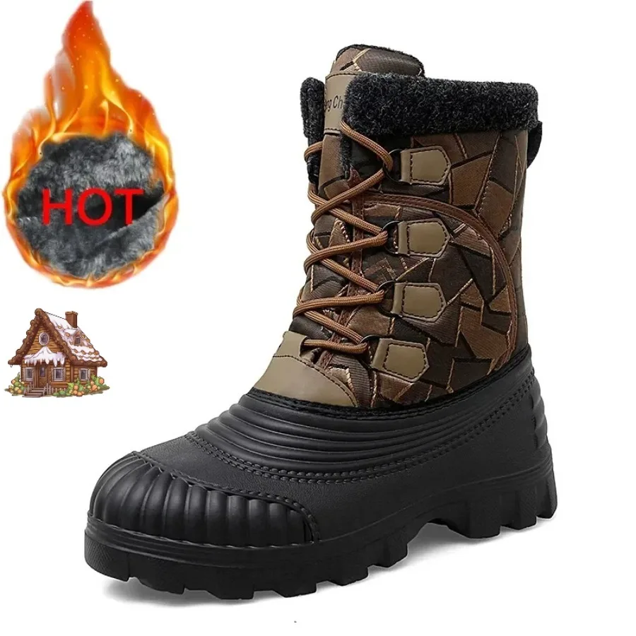 Botas altas de camuflaje para invierno, zapatos cálidos y gruesos de felpa para caminar al aire libre, botas de nieve impermeables, zapatos de algodón con cordones para hombre