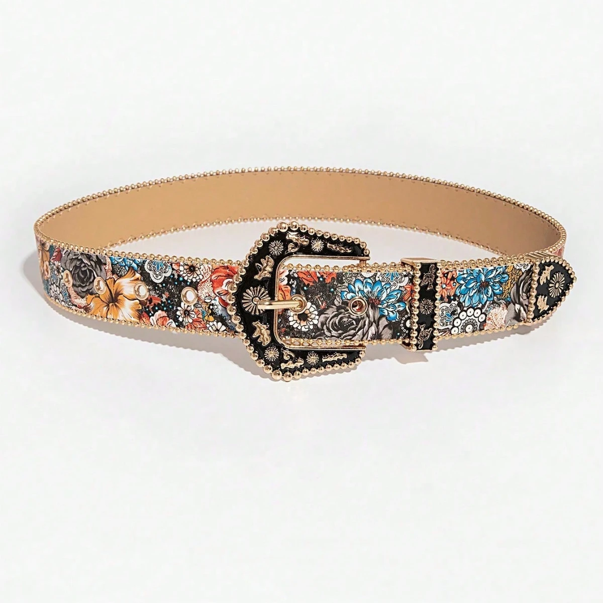 1pc Women's Aristocratic Palace Style Black Metal Buckle Multi-color Flower Print Belt, A Versatile Decorative Belt for Jeans