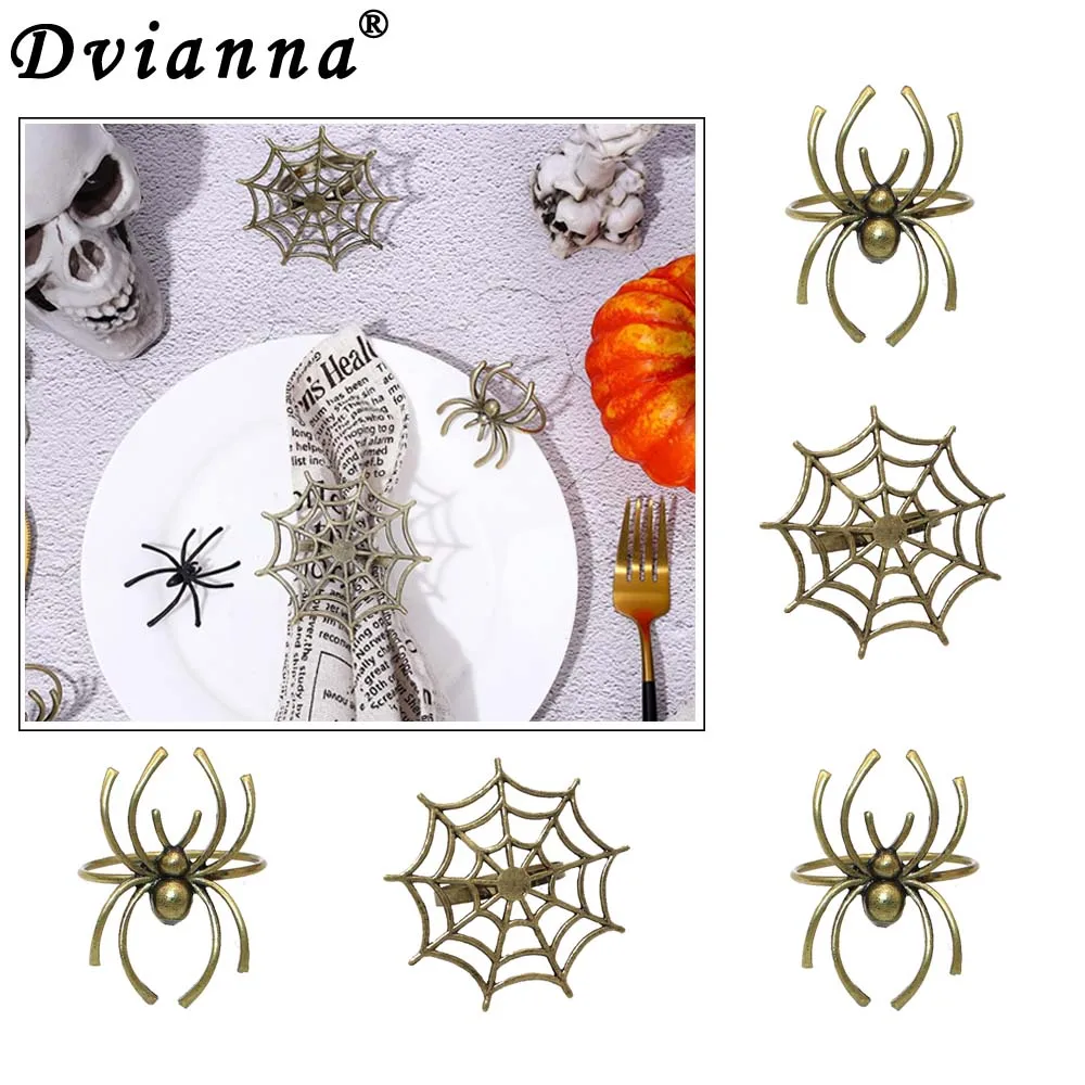 6Pcs Halloween Spider Napkin Rings Metal Spider Web Napkin Holder Serviette Buckle for Halloween Party Table Decoration HWH13