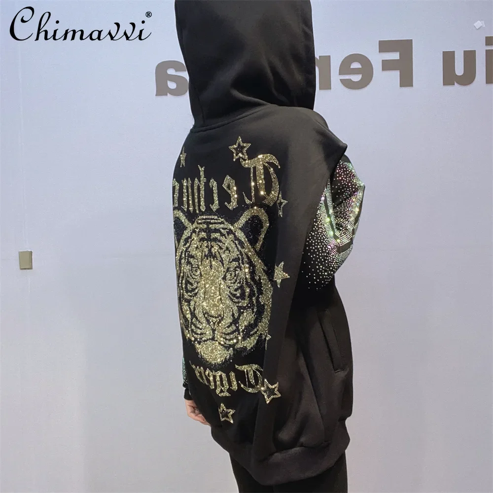 

High-end Large-size Vest Jacket Women's Loose Heavy Diamond Zipper Cardigan Hooded Vests Coat 2024 Autumn and Winter New