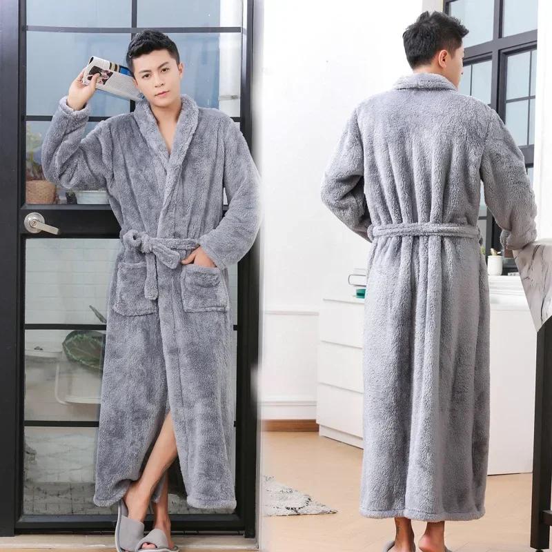 

Nightgown men winter thickened long coral velvet pajamas youth solid color warm velvet autumn and winter flannel bathrobe