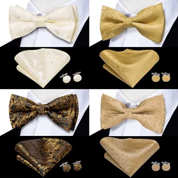 Hi-Tie Silk Mens Bow Tie Hanky Cufflinks Set Pre-tied Beige Champagne Gold Butterfly Knot Bowtie for Male Wedding Business Gift