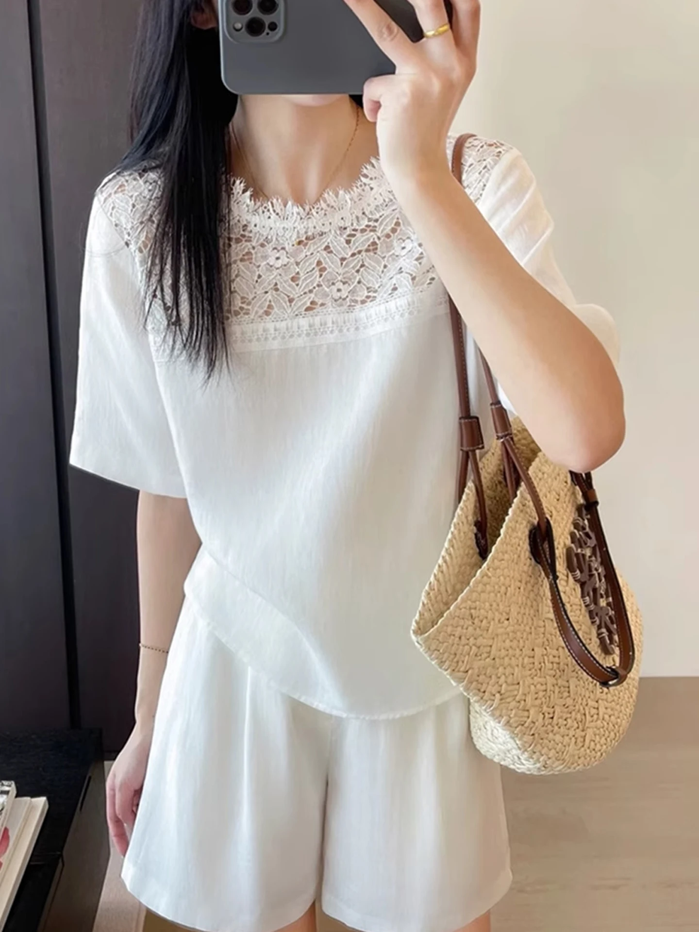 Koronkowa ażurowa bluzka ort Sve w jednolitym kolorze, codzienna, do pracy, letnia, damska, koreański styl, prosty krój, mieszanka jedwabiu