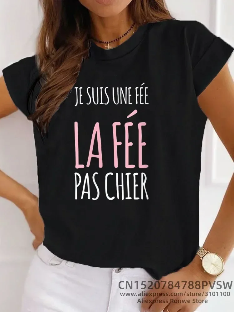Camiseta de manga corta con letras divertidas francesas, camiseta humorística con patrón de I Am A Fairy para chica Y2K Harajuku, camiseta nueva negra, rosa y roja