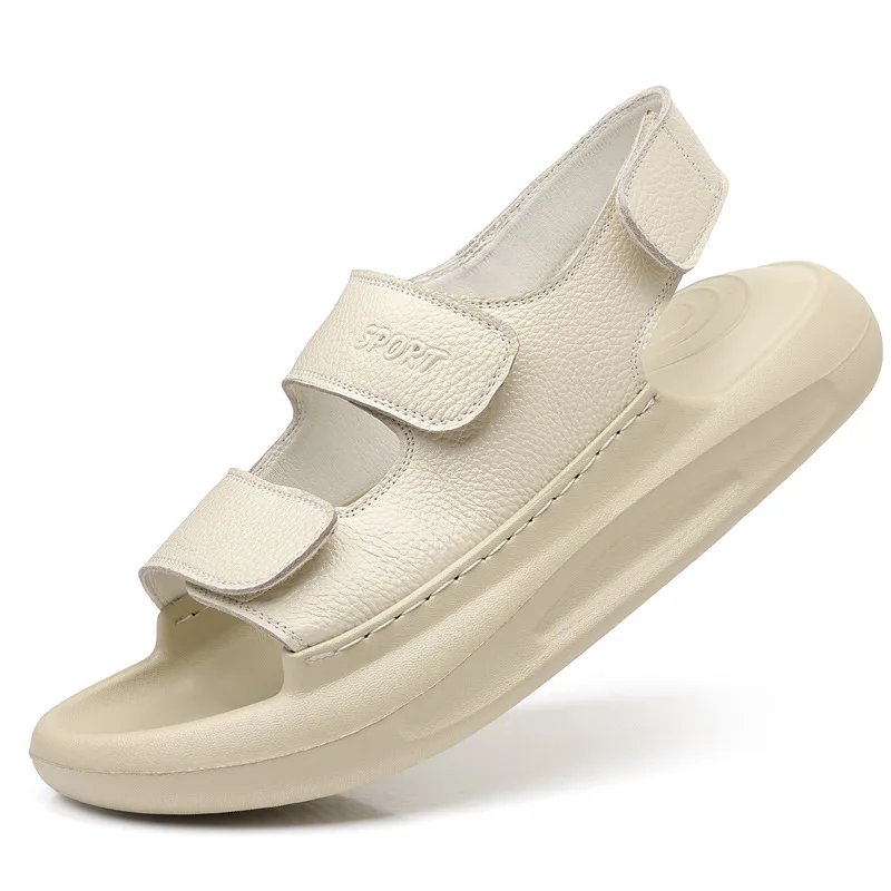 

Новая летняя мужская обувь, модные сандалии из натуральной кожи, повседневные тапочки на толстой подошве, пляжная обувь без шнуровки