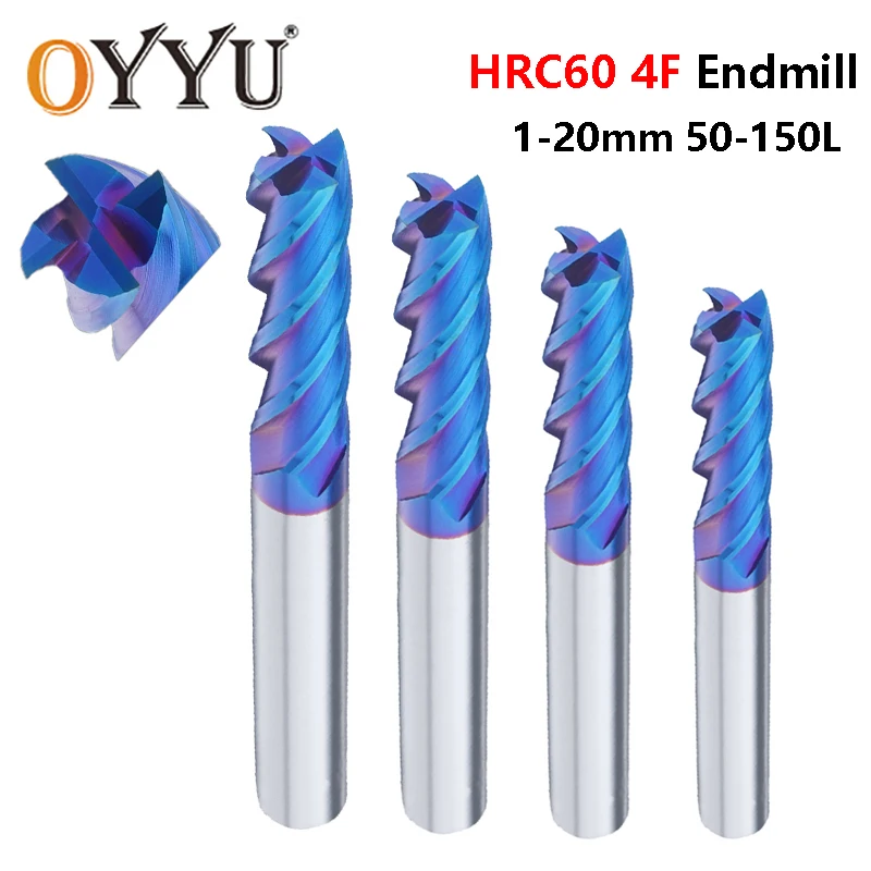 OYYU 1pcs HRC60 4 Flute Blue Nanometer Superhard Tungsten Steel End Mills 2mm 4mm 6mm 8mm 10mm Router Bit CNC Miliing Cutter