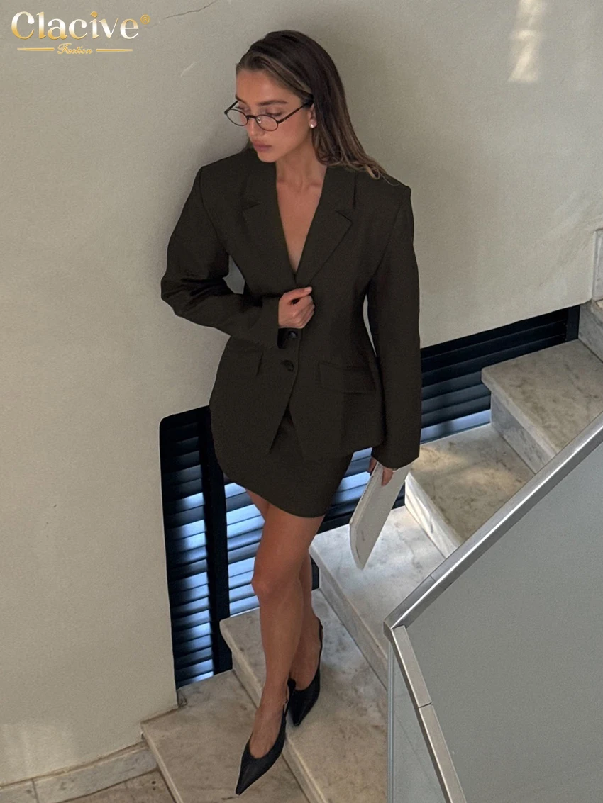 Clacive Fashion Slim Brown Office 2 Piece Sets Women Outfit Elegant Long Sleeve Blazer With High Waist Mini Skirt Set Female