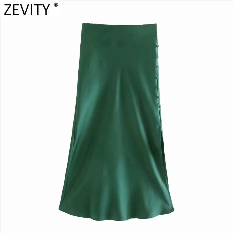 Zevity 2021 elegante feminino estilo francês doce cor dividir cetim uma linha saia faldas mujer feminino casual verão midi saias qun810