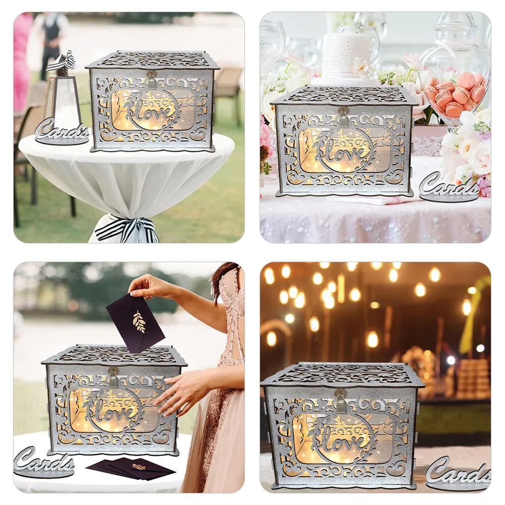 

1Set Greeting Card Box Wooden Hollow Design Wedding Anniversary Birthday Party Decoration Blessing Cards Container Cash Gift