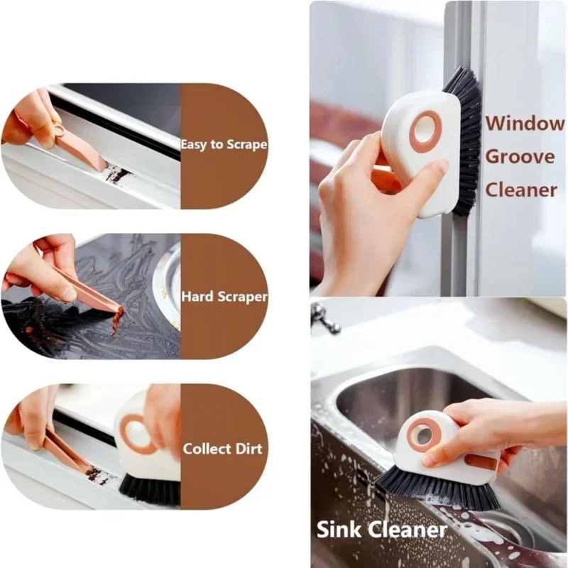 2 in 1 Groove Cleaning Brush Window Track Cleaning Tools Multifunction Hard Bristle Crevice Cleaning Brush with Hidden Scraper