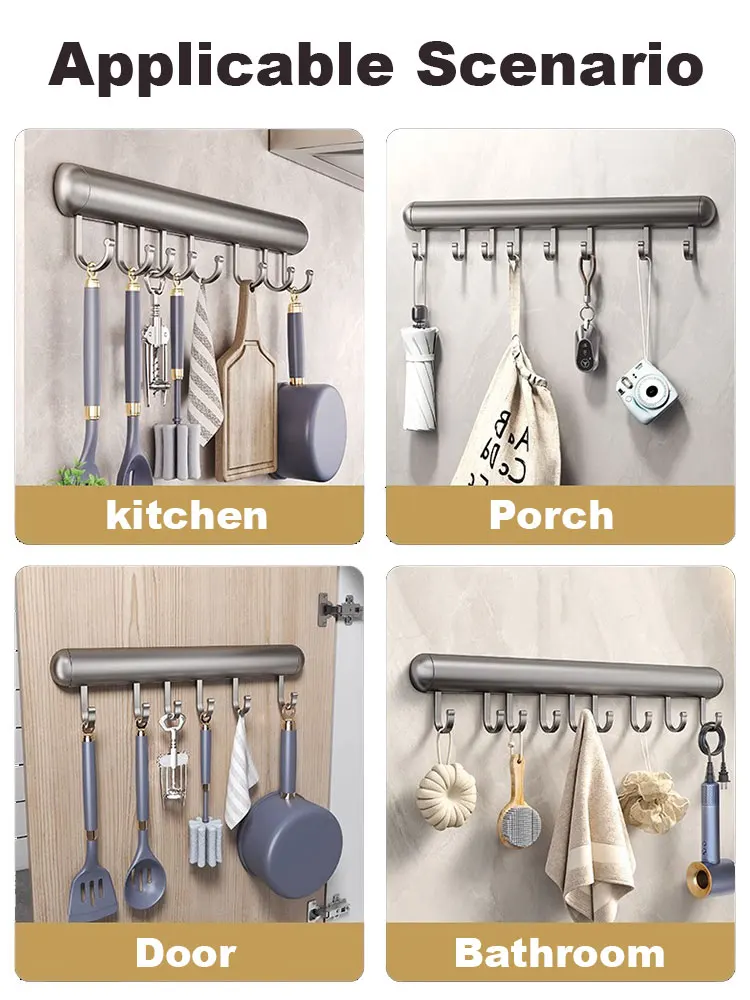 Wall Mounted Kitchen Hook Rack Aluminum Cabinet Storage Kitchen Utensils Rack Spoon Shovel Movable Hook Hardware Accessories