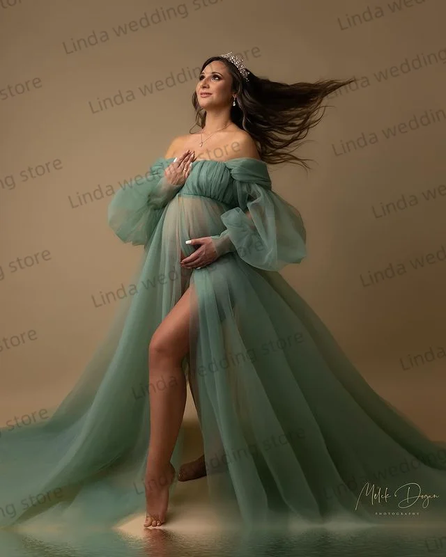 Mint Grren Maternity Dress for Photo Plus Size Pregnant Photoshoot Vestidos Dressing Pregnancy Slit  Baby Shower Gowns