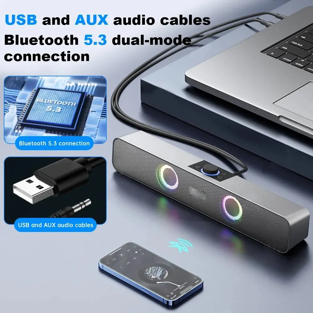 سمّاعات بلوتوث HD صوت تشغيل محمول بطاقة AUX TF ومكبر صوت USB LED مزود بتقنية البلوتوث 5.3 لاسلكي للمنزل والحفلات الخارجية