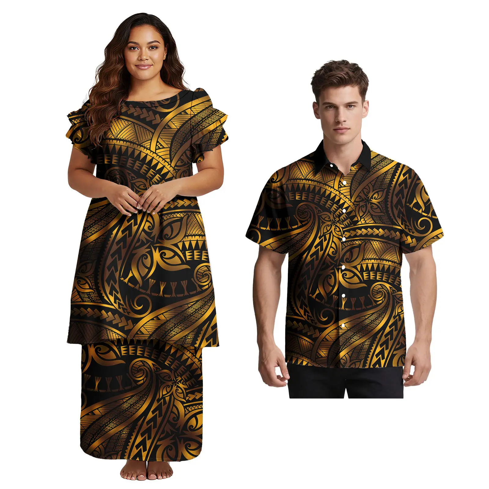 Couple Sets Two Pieces Hawaii Polynesian Tribal Print Plus Size Ladies Church Elegant Dress Match Men Aloha Shirts