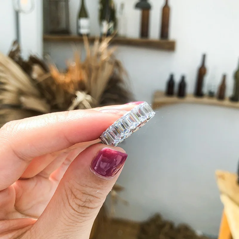 925 Sterling Silver Emerald Cut Eternity Engagement Ring Simulated Diamond Wedding Silver Full Eternity Ring  Jewelry