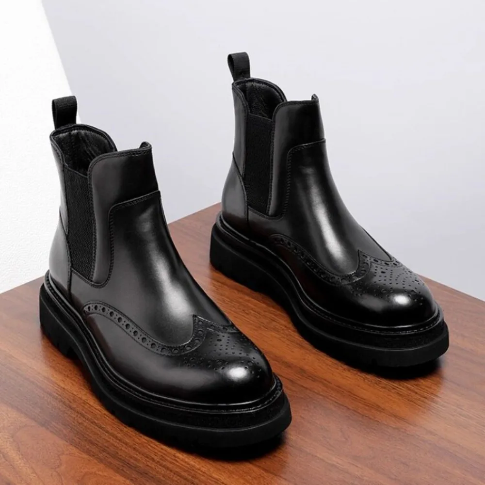 

Men's Full Grain Calfskin Boots British Brogue High Top Genuine Leather Thick Sole Boots Fleece Lined Short Boots Spring