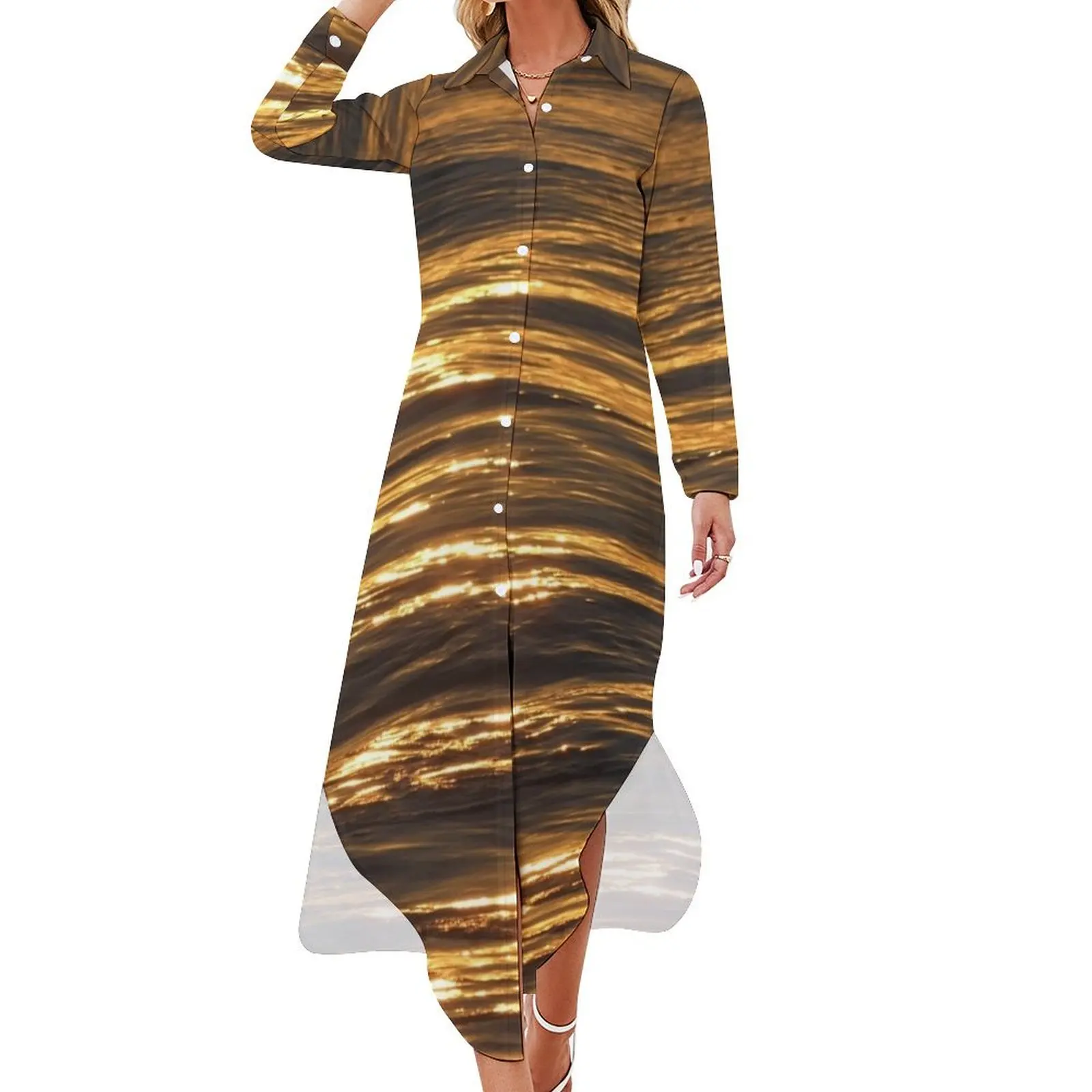 

Gold Ocean at Sunset Long Sleeved Shirt Dress dress korean style Women's long dress