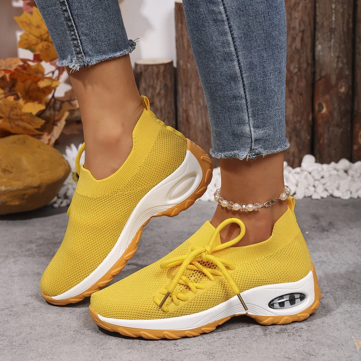 Damskie sneakersy na platformie, buty do biegania z grubą podeszwą i amortyzacją, dzianinowe, siateczkowe, sznurowane buty sportowe, damskie buty do chodzenia.