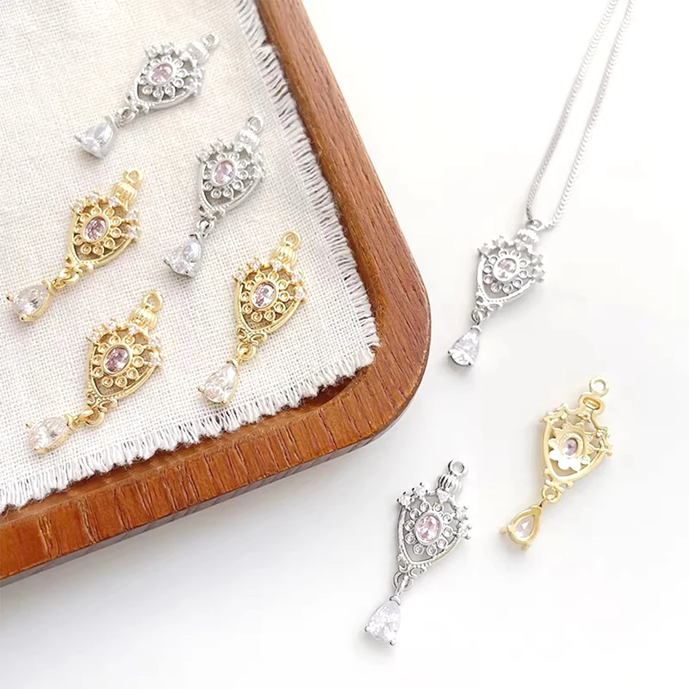 3 PCS Brass plated with genuine gold inlaid zircon Hollow out retro water droplet pendant DIY jewelry making accessory materials