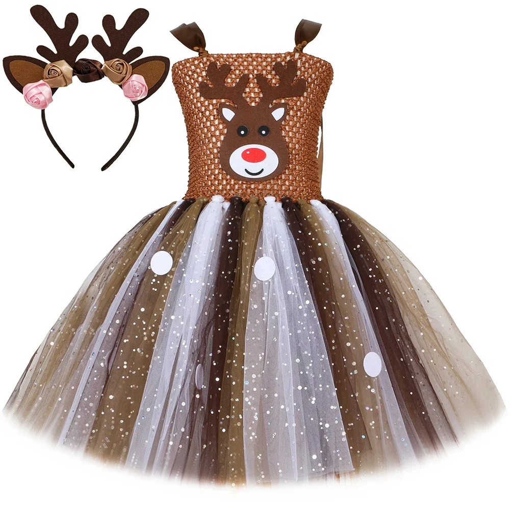 Reindeer Deer Costume for Girls Christmas Dress Glitter Brown Deer Tutu Dress Toddler Kids Xmas Party Halloween Dress Up Clothes