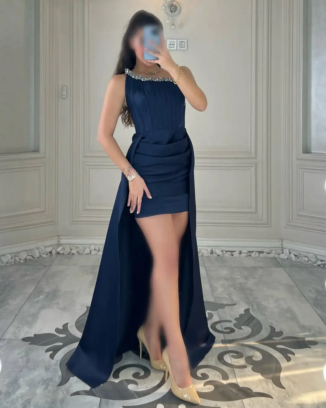 Novo design exclusivo com miçangas de cristal espinha de peixe espartilho vestido de noite cintura plissada alta-baixa elegante vestido de festa formal de baile