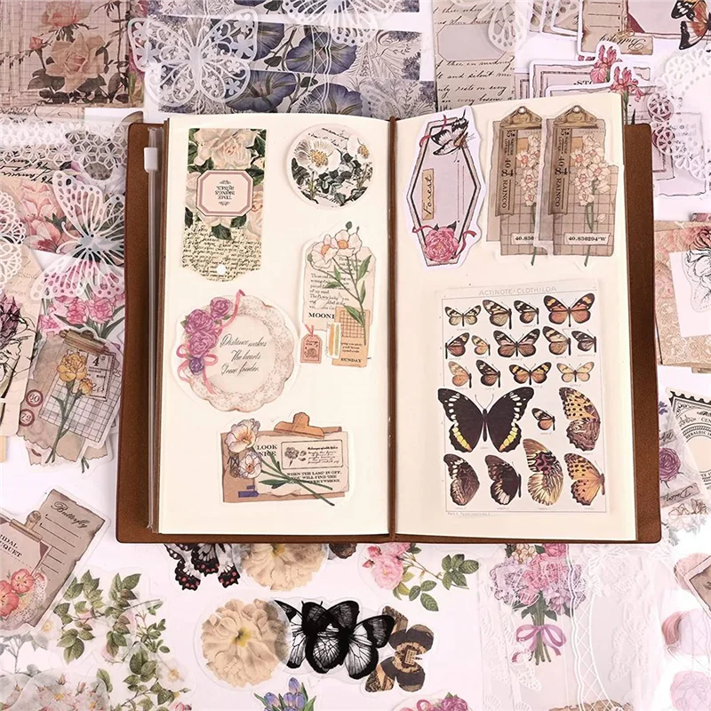 ABVA-260Pcs Vintage Scrapbooking Stickers Pack,DIY Retro Journaling Supplies Stickers Kit,Flowers Scrapbook Paper Accessories