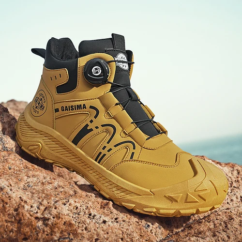 Imagen 1 del producto Botas de motociclista amarillas de calle para hombre, botas de moto con perilla de diseño a la moda, botines de cuero informales de estilo británico para exteriores para hombre