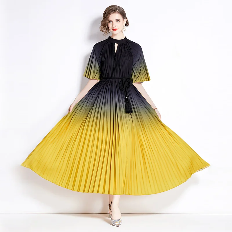 Miyake Original 2024 Gradual Change Printing Pleated L Fringed Pleated Dress Summer Dress Women 2022 Vestido High Strecth