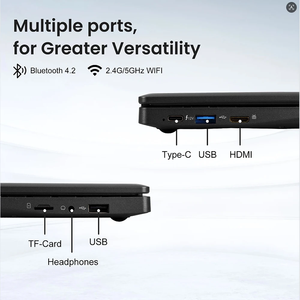 Ordinateur portable 10,1 pouces Windows 11 OS préinstallé Quad Core 8 Go + 128 Go Netbook HDMI Webcam Bureau (Noir)