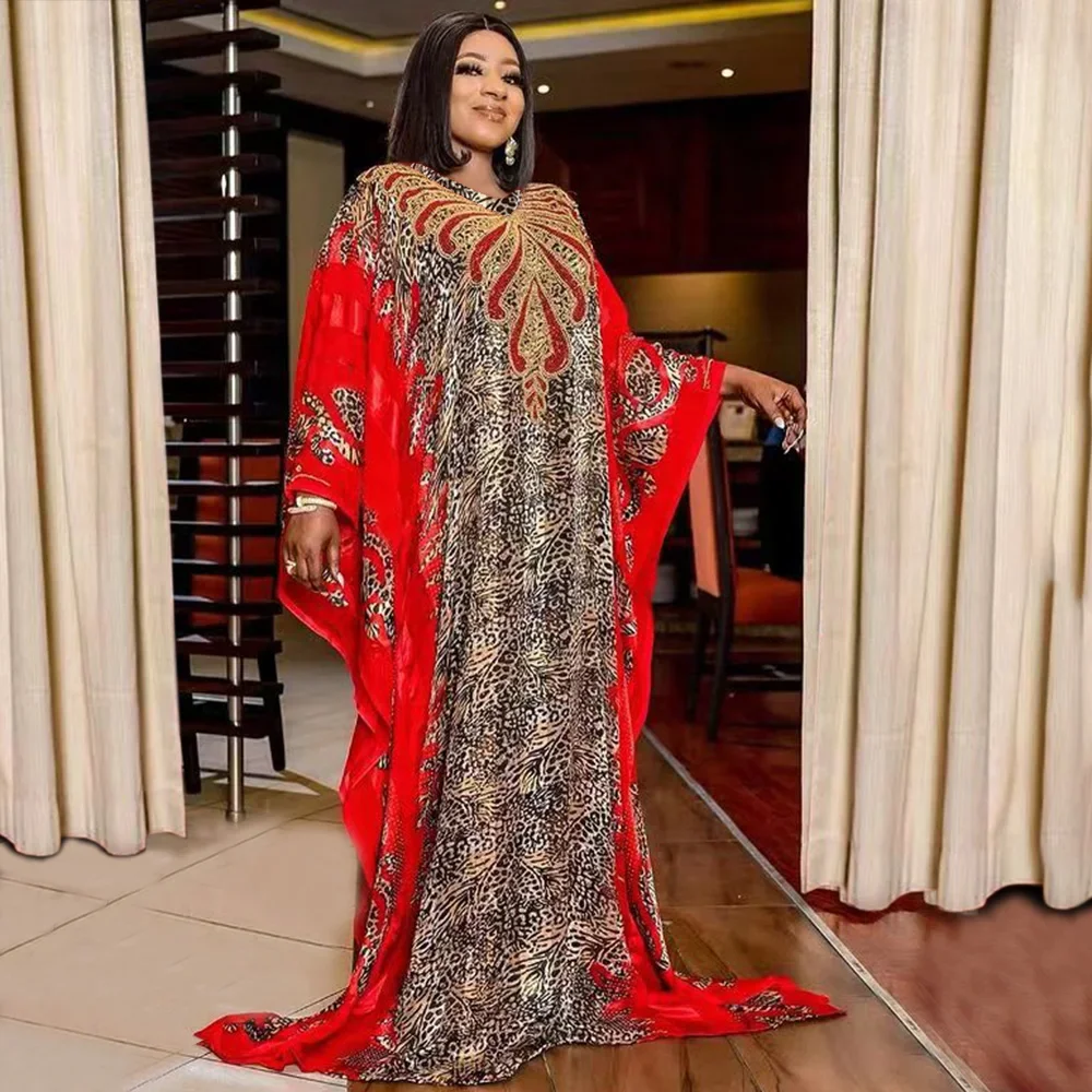 

African mom fashionable chiffon printed dress long robe large swing luxury diamond decoration with inner stretch inner skirt