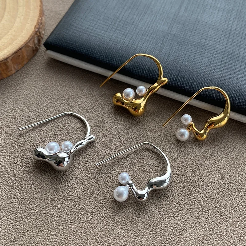 Classic Niche Design, High-end Earrings Personalized Irregular Lava Effect Ear Hooks, Trendy Pearl Earrings Statement Jewelry