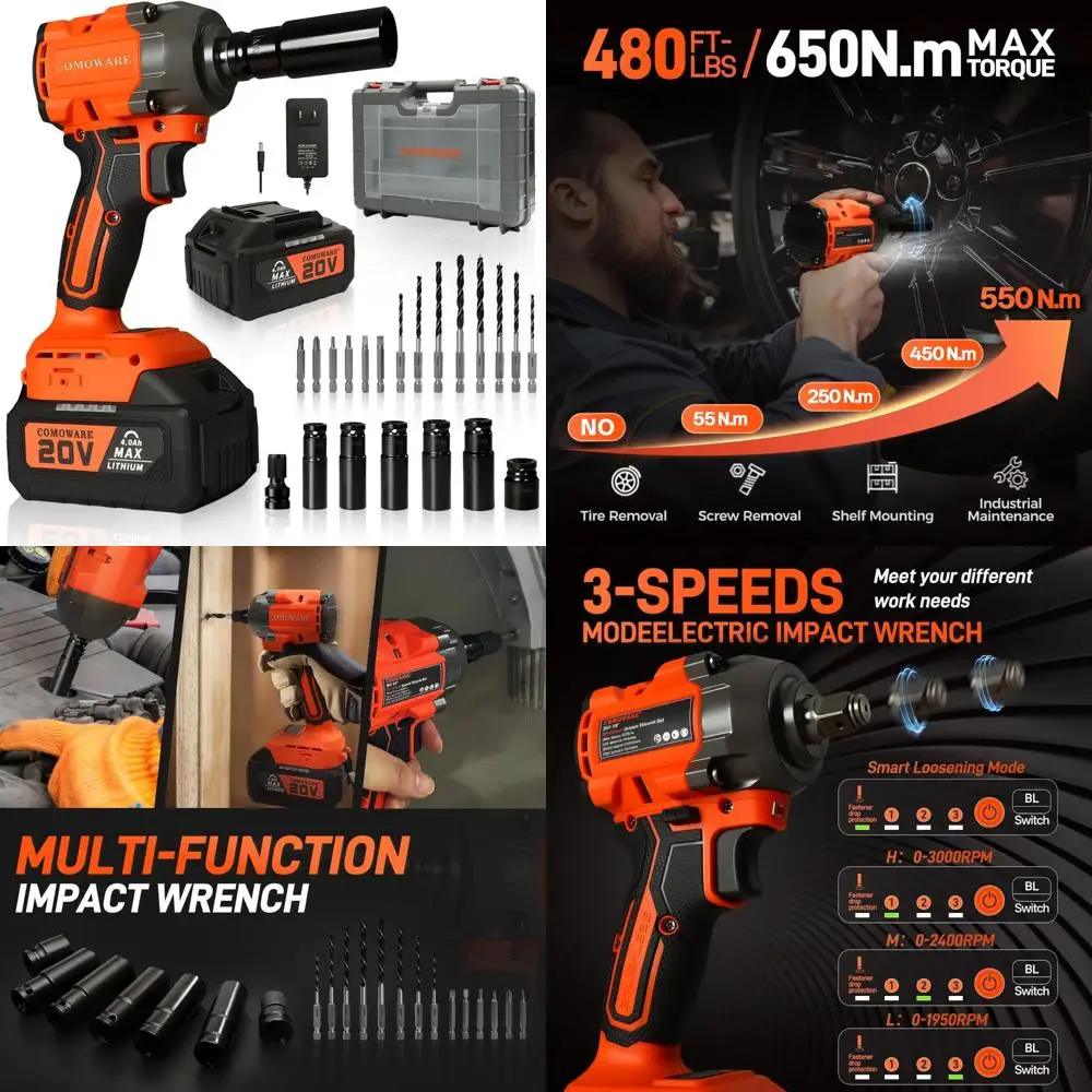 Avvitatore a percussione senza spazzole Coppia 20 V 650 Nm, utensile elettrico cordless da 480 piedi libbre con batteria da 4,0 Ah e caricabatterie rapido, 1/2 compatibile per