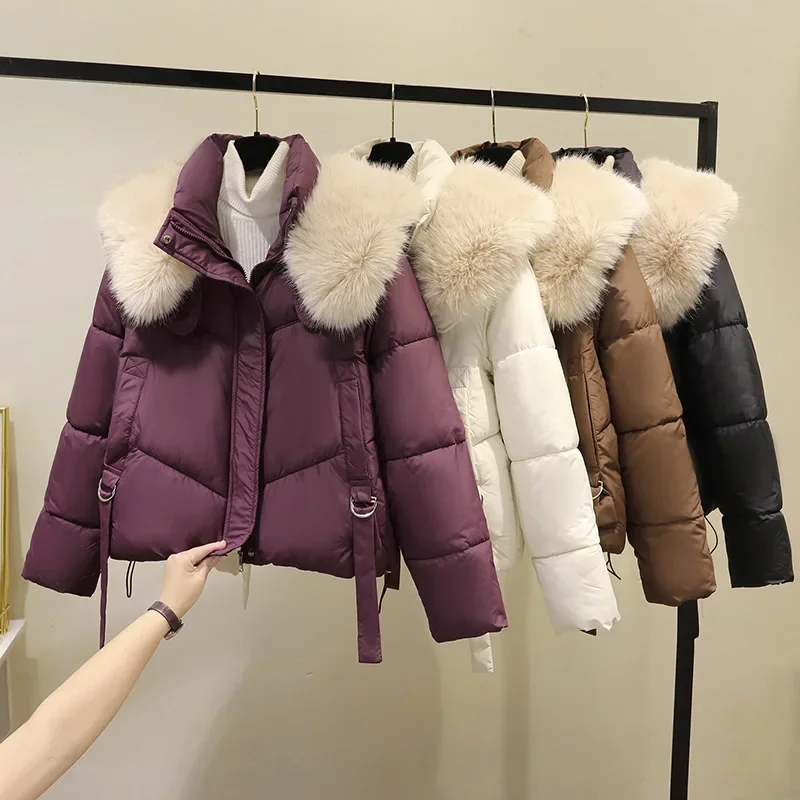 Chaqueta acolchada con capucha para mujer, abrigo grueso de algodón con cuello de piel, diseño elegante de manga larga, prendas de vestir exteriores