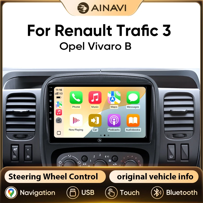 AINAVI Autoradio mit kabellosem Carplay und Android Auto für Renault Trafic 3 und Opel Vivaro, 2-DIN-HD-IPS-Touchscreen-Autoradio, GPS-Navigation, 4G, WLAN, BT 5.0, FM, RDS, DSP, SWC,